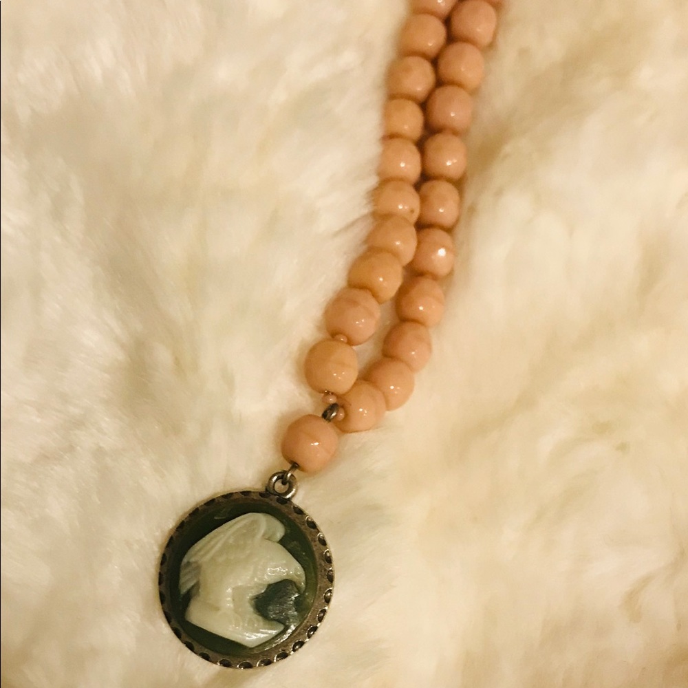 David Aubrey Pink Beaded Necklace; White Eagle/Green Stone Drop
